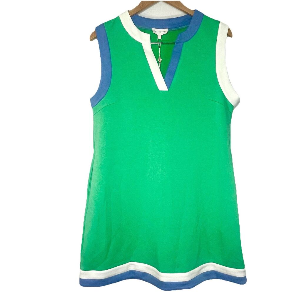 NWT Entro Womens M Contrast Sleeveless V-neck Short Shift Dress Green w/ Pockets